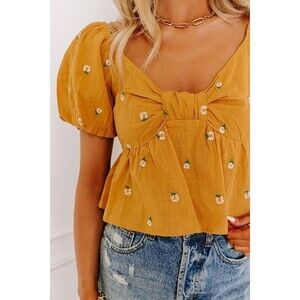 NWT Impressions Womens Top Small Mustard Yellow Mango Punch Embroidered Floral
